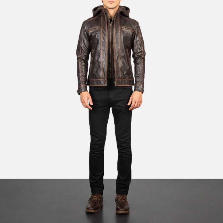 Mens Hector Vintage Brown Hooded Leather Biker Jacket Full Length-2-1634133060503